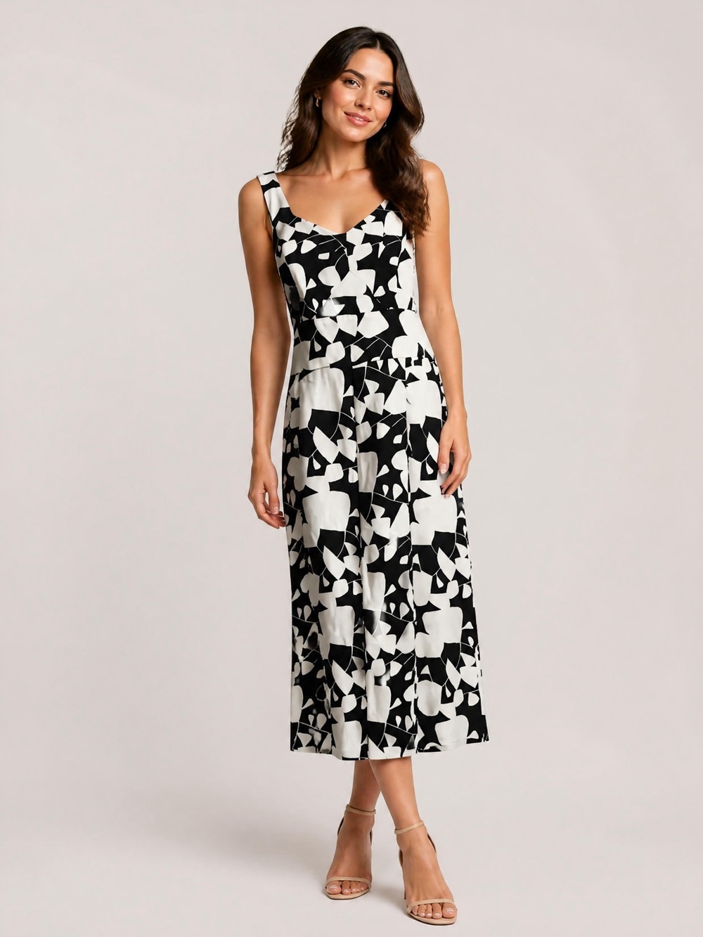 Halogen Black & White Abstract Midi Jumpsuit